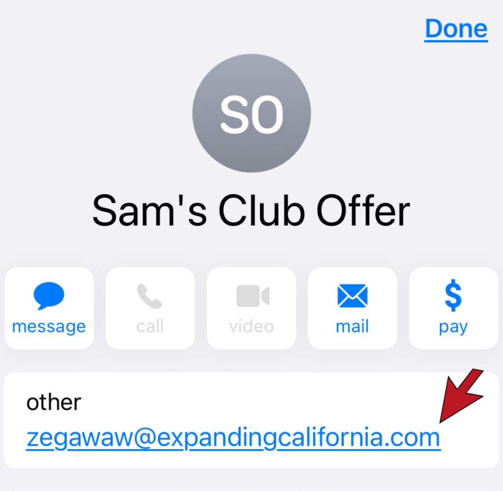 Actual email address showing domain name is not related to Sam’s Club