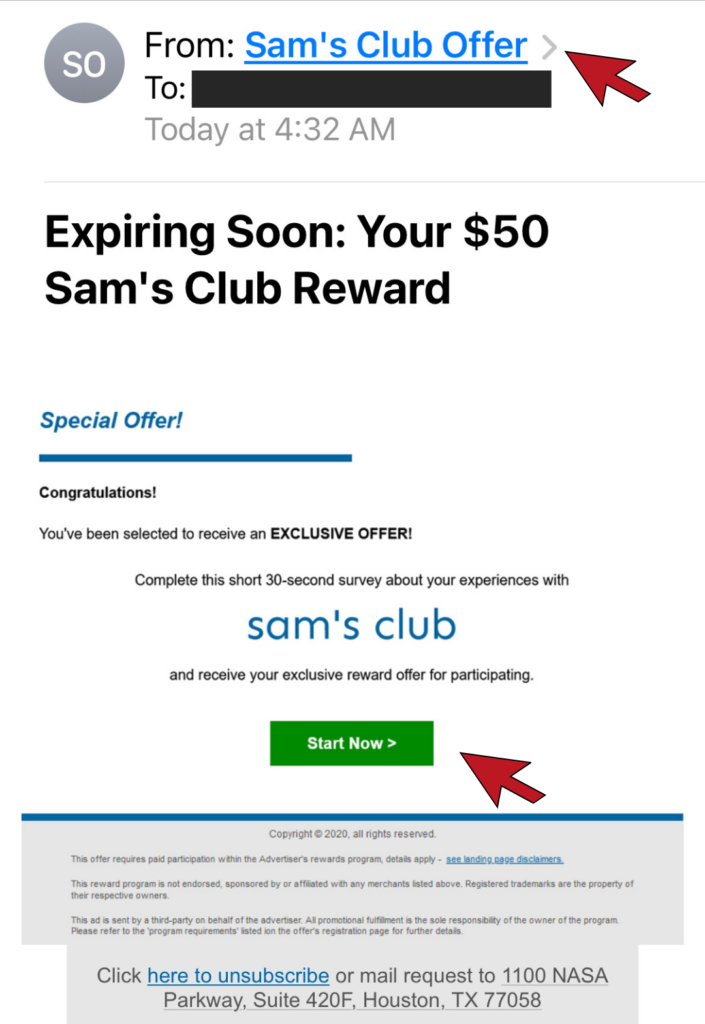 Bogus email from Sam’s Club offering $50 reward