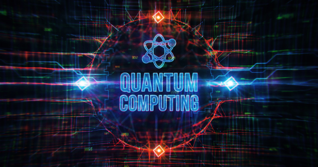 A network of lines and lights surrounding text that says “Quantum Computing.”